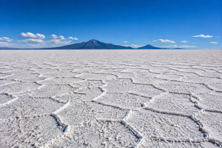 Hexagonal salt crust patterns on the dry Salar de Uyuni